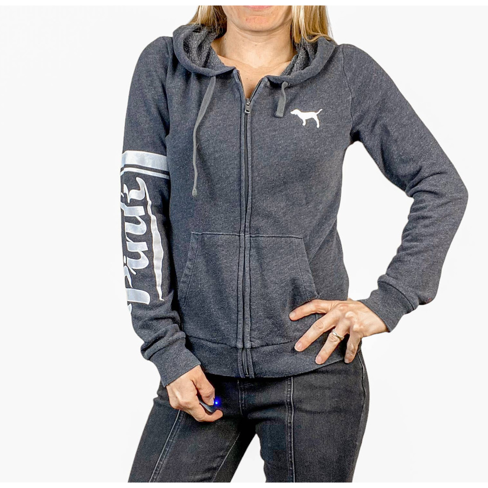 PINK Victoria's Secret Hoodie Sweater Sweatshirt Zip Up Gray Full Logo
